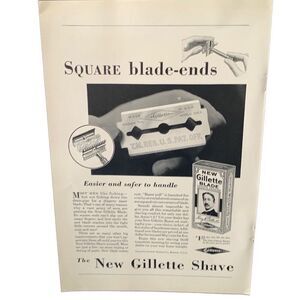 Vintage 1930 Gillette Shave Square Blade Ends Ad Advertisement